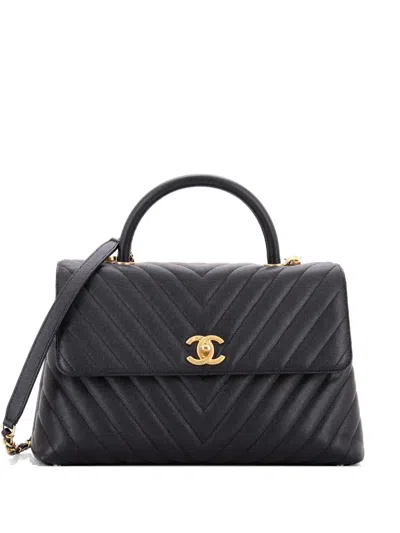 Pre-owned Chanel Coco Top Handle Bag Chevron Caviar Medium Satchel In Black