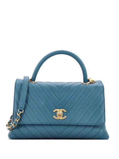 Pre-owned Chanel Coco Top Handle Bag Chevron Caviar Small Satchel In Blue