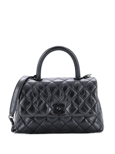 Pre-owned Chanel Coco Top Handle Bag Quilted Aged Calfskin Mini Satchel In Black