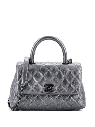 Pre-owned Chanel Coco Top Handle Bag Quilted Aged Calfskin Mini Satchel In Gray