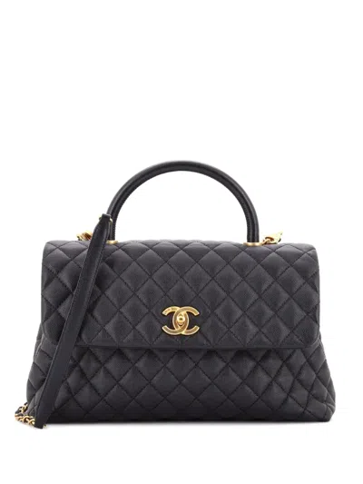 Pre-owned Chanel Coco Top Handle Bag Quilted Caviar Medium Satchel In Black