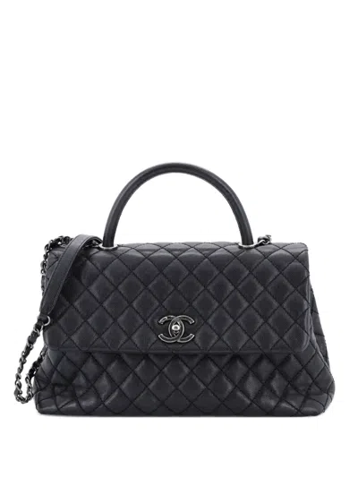 Pre-owned Chanel Coco Top Handle Bag Quilted Caviar Medium Satchel In Black