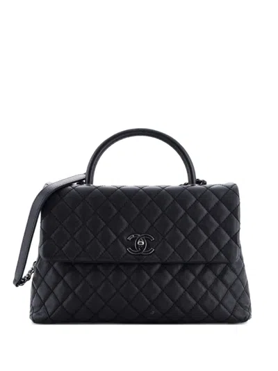Pre-owned Chanel Coco Top Handle Bag Quilted Caviar Medium Satchel In Black