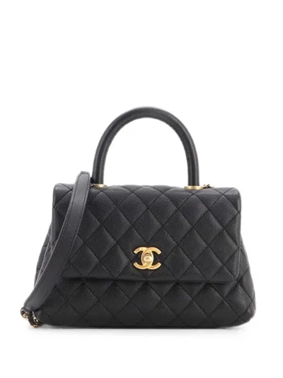 Pre-owned Chanel Coco Top Handle Bag Quilted Caviar Mini Satchel In Black