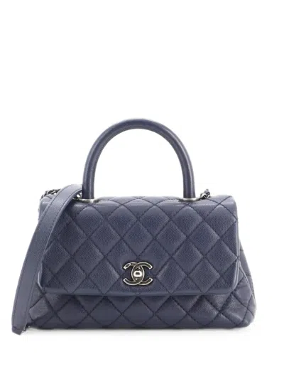 Pre-owned Chanel Coco Top Handle Bag Quilted Caviar Mini Satchel In Blue