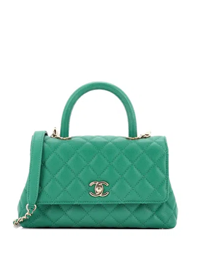 Pre-owned Chanel Coco Top Handle Bag Quilted Caviar Mini Satchel In Green