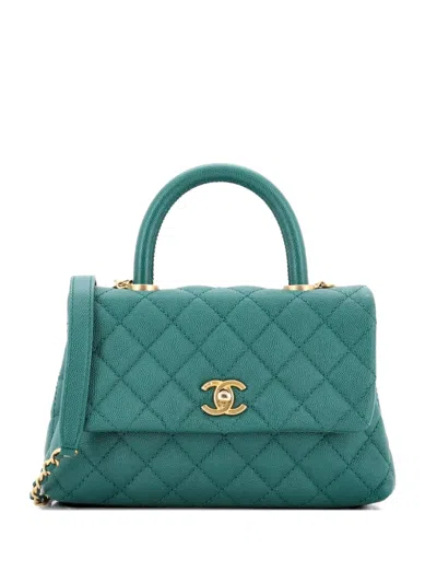 Pre-owned Chanel Coco Top Handle Bag Quilted Caviar Mini Satchel In Green
