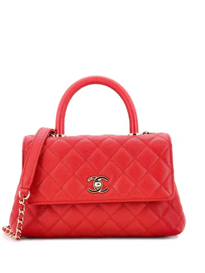 Pre-owned Chanel Coco Top Handle Bag Quilted Caviar Mini Satchel In Red
