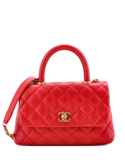 Pre-owned Chanel Coco Top Handle Bag Quilted Caviar Mini Satchel In Red