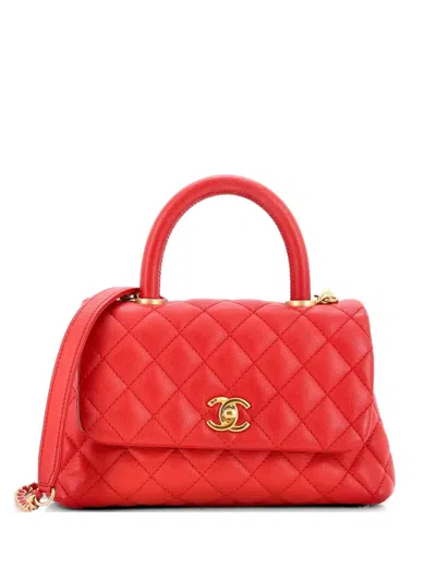 Pre-owned Chanel Coco Top Handle Bag Quilted Caviar Mini Satchel In Red