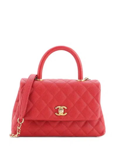 Pre-owned Chanel Coco Top Handle Bag Quilted Caviar Mini Satchel In Red