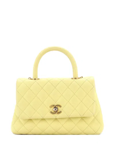 Pre-owned Chanel Coco Top Handle Bag Quilted Caviar Mini Satchel In Yellow