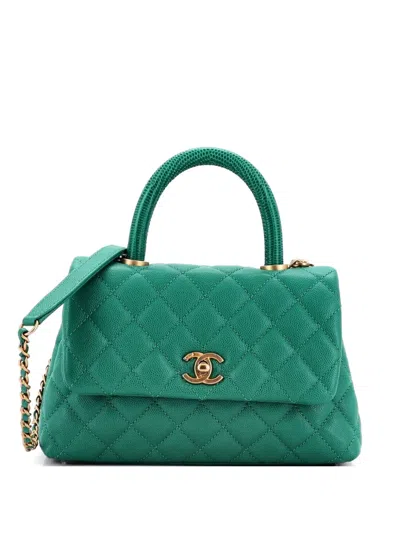 Pre-owned Chanel Coco Top Handle Bag Quilted Caviar With Lizard Embossed Handle Mini Satchel In Green