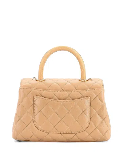 Pre-owned Chanel Coco Top Handle Bag Quilted Caviar With Lizard Embossed Handle Mini Satchel In Neutrals