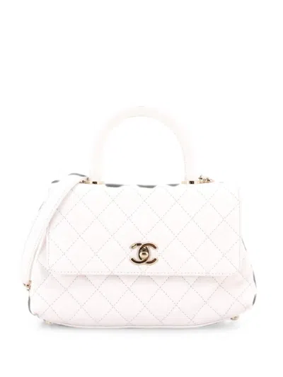 Pre-owned Chanel Coco Top Handle Bag Quilted Caviar With Lizard Embossed Handle Mini Satchel In White