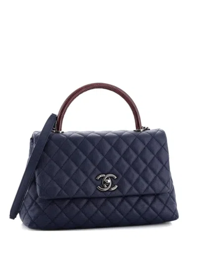 Pre-owned Chanel Coco Top Handle Bag Quilted Caviar With Lizard Embossed Handle Small Shoulder Bag In Blue