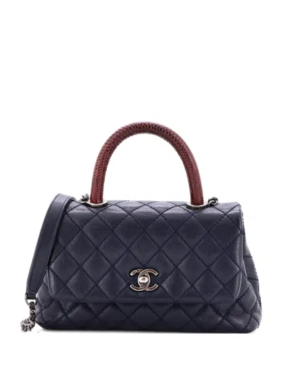 Pre-owned Chanel Coco Top Handle Bag Quilted Caviar With Lizard Mini Shoulder Bag In Blue