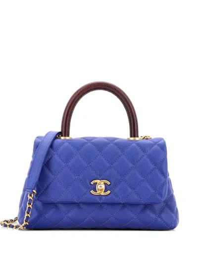 Pre-owned Chanel Coco Top Handle Bag Quilted Caviar With Lizard Mini Shoulder Bag In Blue