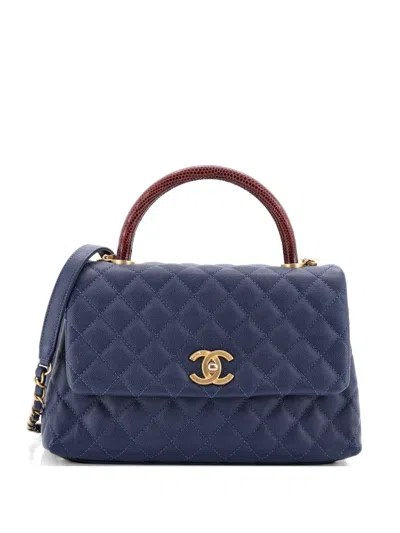 Pre-owned Chanel Coco Top Handle Bag Quilted Caviar With Lizard Small Satchel In Blue