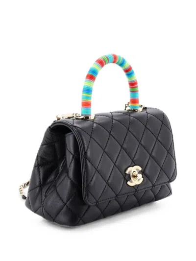 Pre-owned Chanel Coco Top Handle Bag Quilted Goatskin With Multicolor Handle Extra Mini Satchel In Black