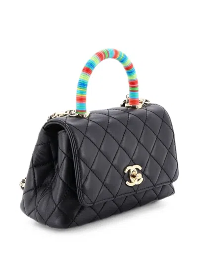Pre-owned Chanel Coco Top Handle Bag Quilted Goatskin With Multicolor Handle Extra Mini Satchel In Black