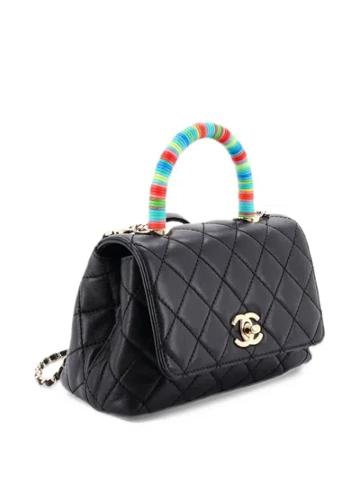 Pre-owned Chanel Coco Top Handle Bag Quilted Goatskin With Multicolor Handle Extra Mini Satchel In Black