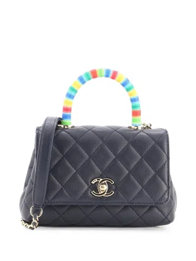 Pre-owned Chanel Coco Top Handle Bag Quilted Goatskin With Multicolor Handle Extra Mini Satchel In Blue