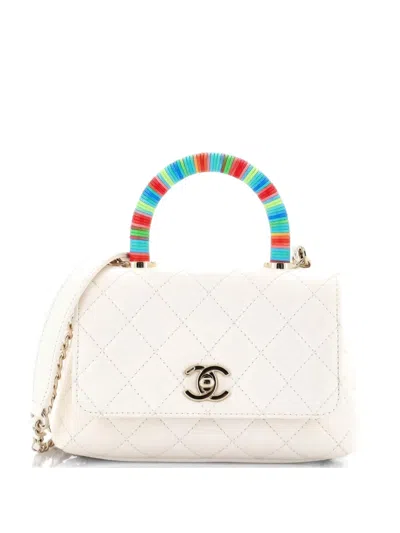 Pre-owned Chanel Coco Top Handle Bag Quilted Goatskin With Multicolor Handle Extra Mini Satchel In White