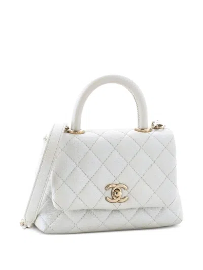 Pre-owned Chanel Coco Top Handle Bag Quilted Iridescent Caviar Extra Mini Satchel In White