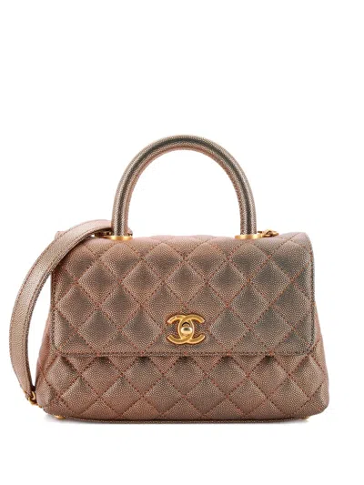 Pre-owned Chanel Coco Top Handle Bag Quilted Iridescent Caviar Mini Satchel In Gold