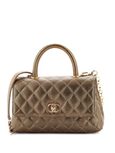 Pre-owned Chanel Coco Top Handle Bag Quilted Iridescent Caviar Mini Satchel In Gold