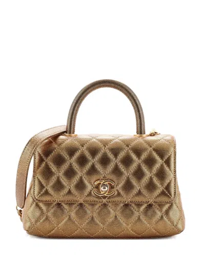 Pre-owned Chanel Coco Top Handle Bag Quilted Iridescent Caviar Mini Satchel In Gold
