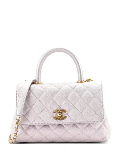 Pre-owned Chanel Coco Top Handle Bag Quilted Iridescent Caviar Mini Satchel In Silver