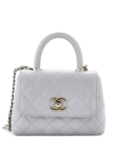 Pre-owned Chanel Coco Top Handle Clutch With Chain Quilted Caviar Mini Satchel In Grey