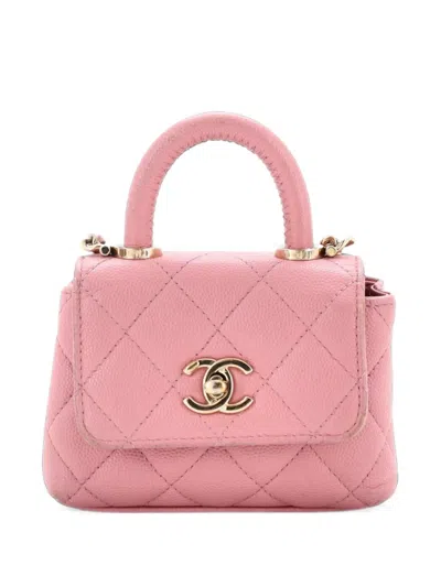 Pre-owned Chanel Coco Top Handle Clutch With Chain Quilted Caviar Mini Satchel In Pink