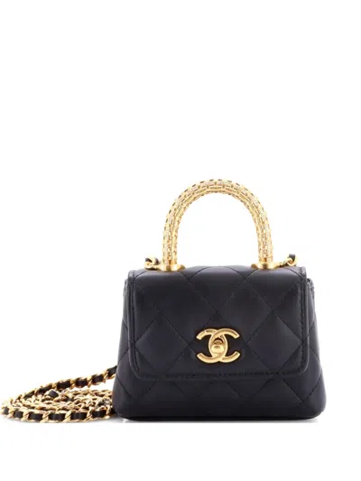 Pre-owned Chanel Coco Top Handle Clutch With Chain Quilted Lambskin With Crystal Detail Nano Satchel In Black