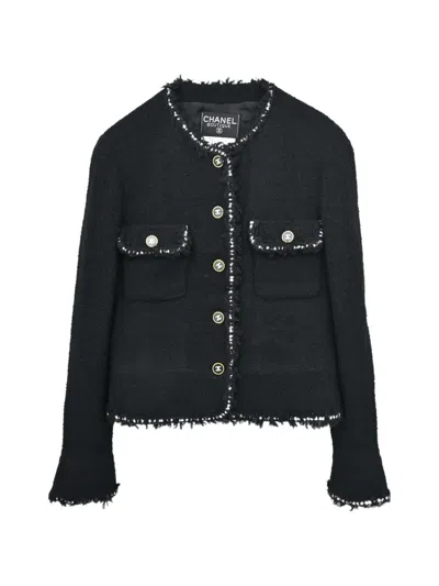 Pre-owned Chanel Collarless Wool Tweed Jacket In Black
