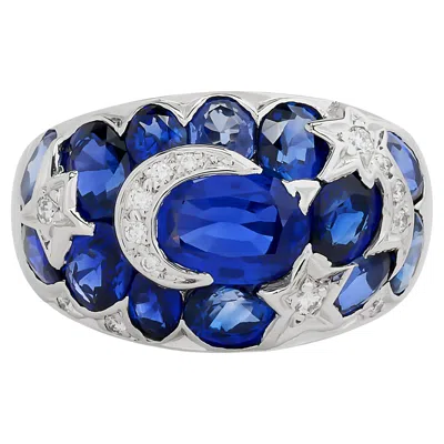 Pre-owned Chanel Comete 18 Karat White Gold Sapphire And Diamond Moon & Stars Ring
