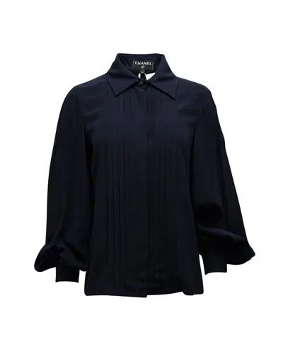 Pre-owned Chanel Concealed Button Pleated Blouse In Navy Blue Silk