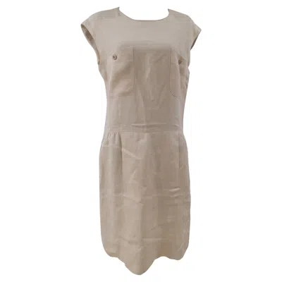 Pre-owned Chanel Contemporary Beige Linen Dress With Cc Buttons, Size 42 Fr In Brown