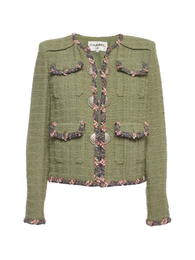 Pre-owned Chanel Contrast-trim Jacket In Green