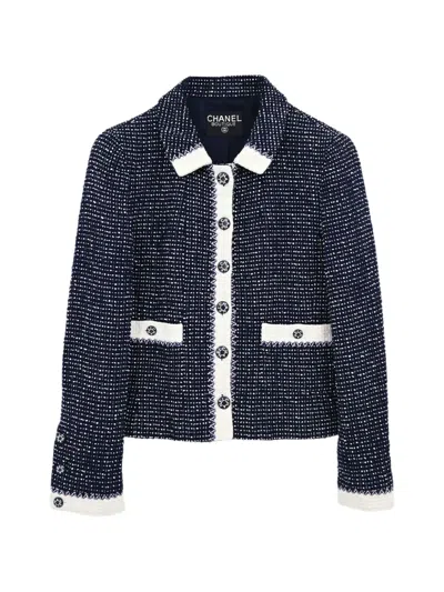 Pre-owned Chanel Contrast-trim Tweed Jacket In Blue