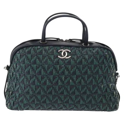 Pre-owned Chanel Convertible Chain Bowler Bag Woven Calfskin Green Leather Handbag ()