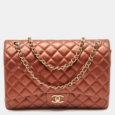 Pre-owned Chanel Copper Quilted Leather Maxi Classic Double Flap Bag In Brown
