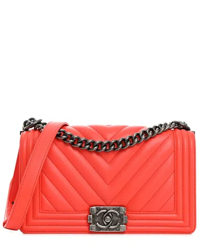 Pre-owned Chanel Coral Calfskin Chevron Quilted Leather Medium Braided Boy Flap  (authentic Pre-loved)