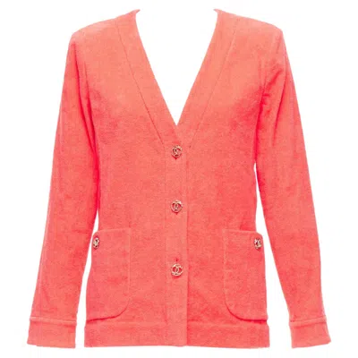 Pre-owned Chanel Coral Pink Towel Terry Cloth Gold Cc Logo Blazer Jacket Fr36 S In Red