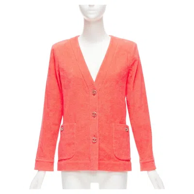 Pre-owned Chanel Coral Pink Towel Terry Cloth Gold Cc Logo Blazer Jacket Fr36 S In Red