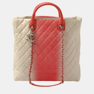 Pre-owned Chanel Coral Pink/ivory Pink Leather Caviar Skin Tote/shoulder Bag In Cream