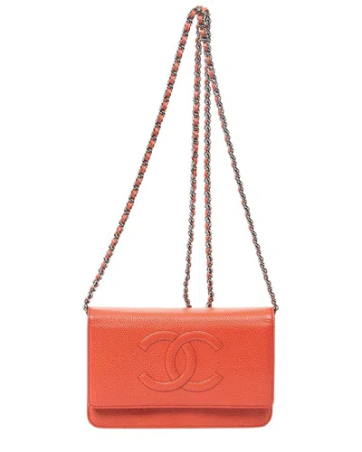 Pre-owned Chanel Coral Red Caviar Leather Cc Wallet On Chain