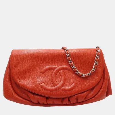 Pre-owned Chanel Coral Red Quilted Caviar Leather Cc Half Moon Wallet On Chain